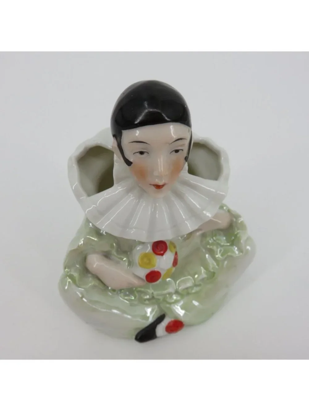 VTG Pierrot Clown Porcelain Double Opening Vase Green Red Yellow Iridescent MCM